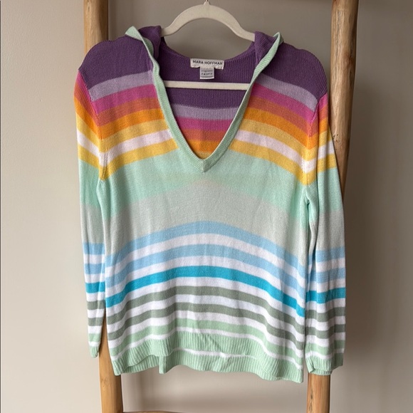 Mara Hoffman Rainbow Striped Designer Lightweight Knit Hooded V